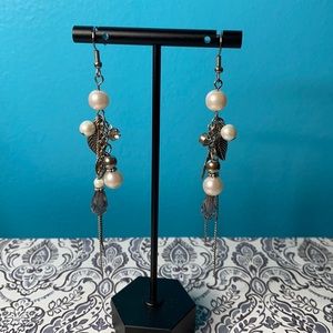 Faux Pearl & Leaf Dangle Earrings